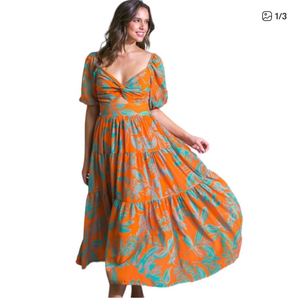 Women's Orange & Turquoise Print
Twist Front Smocked Back Midi Dress